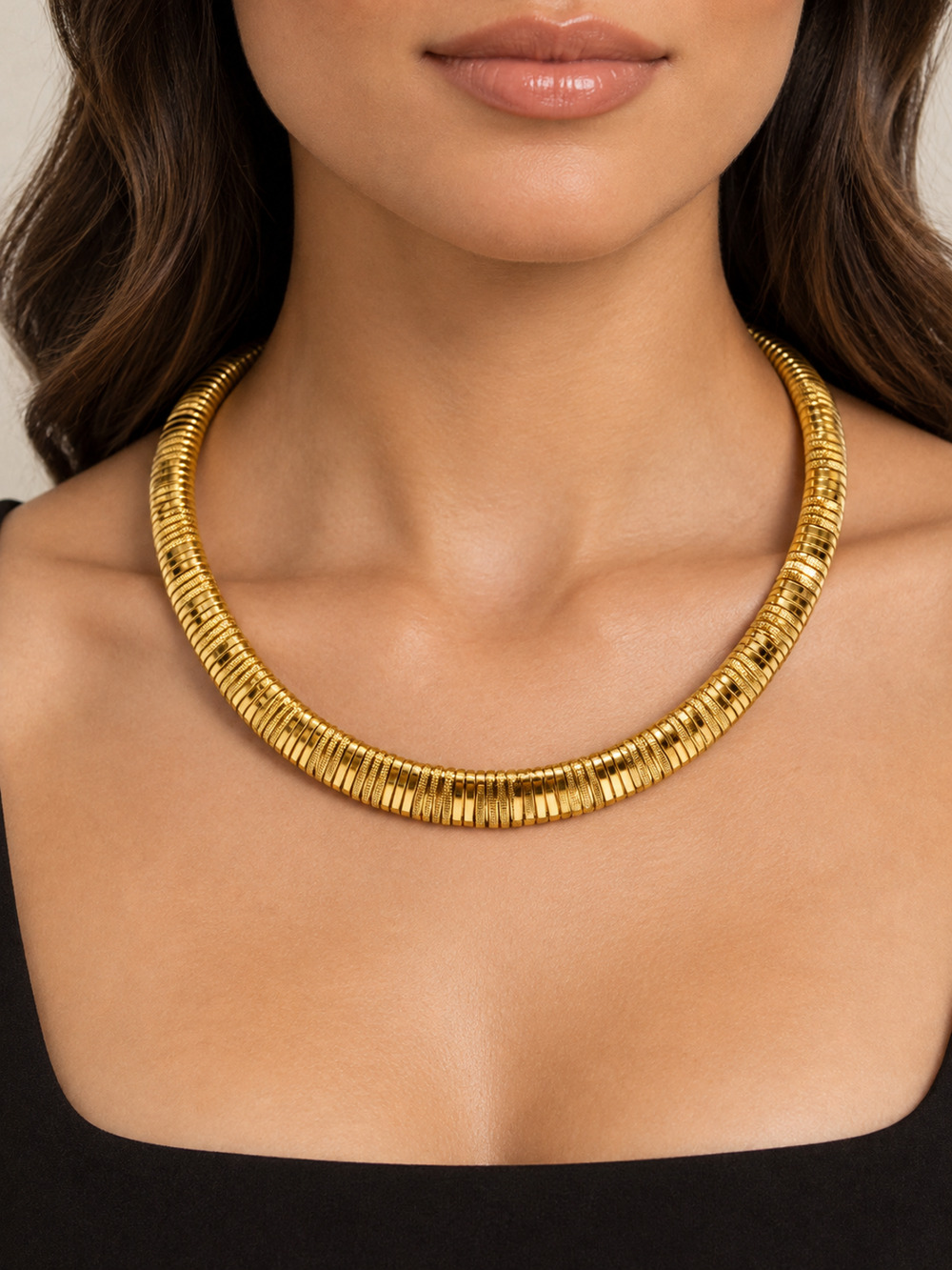 Vintage Trifari Gold Tone Omega Collar Necklace Alternating Textured Smooth Gasp